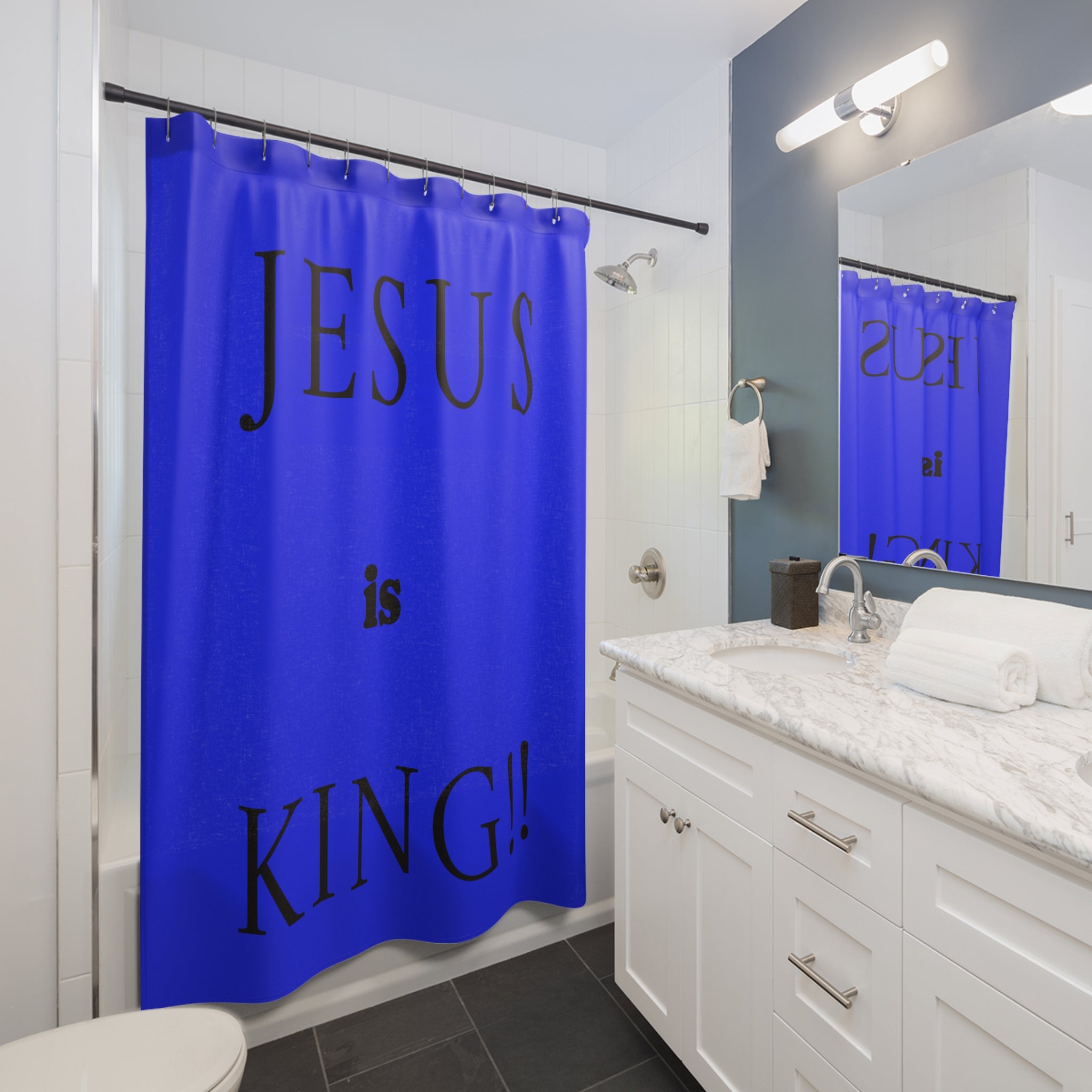 Jesus Is King Blue Shower Curtain – Christian Faith Bathroom Décor