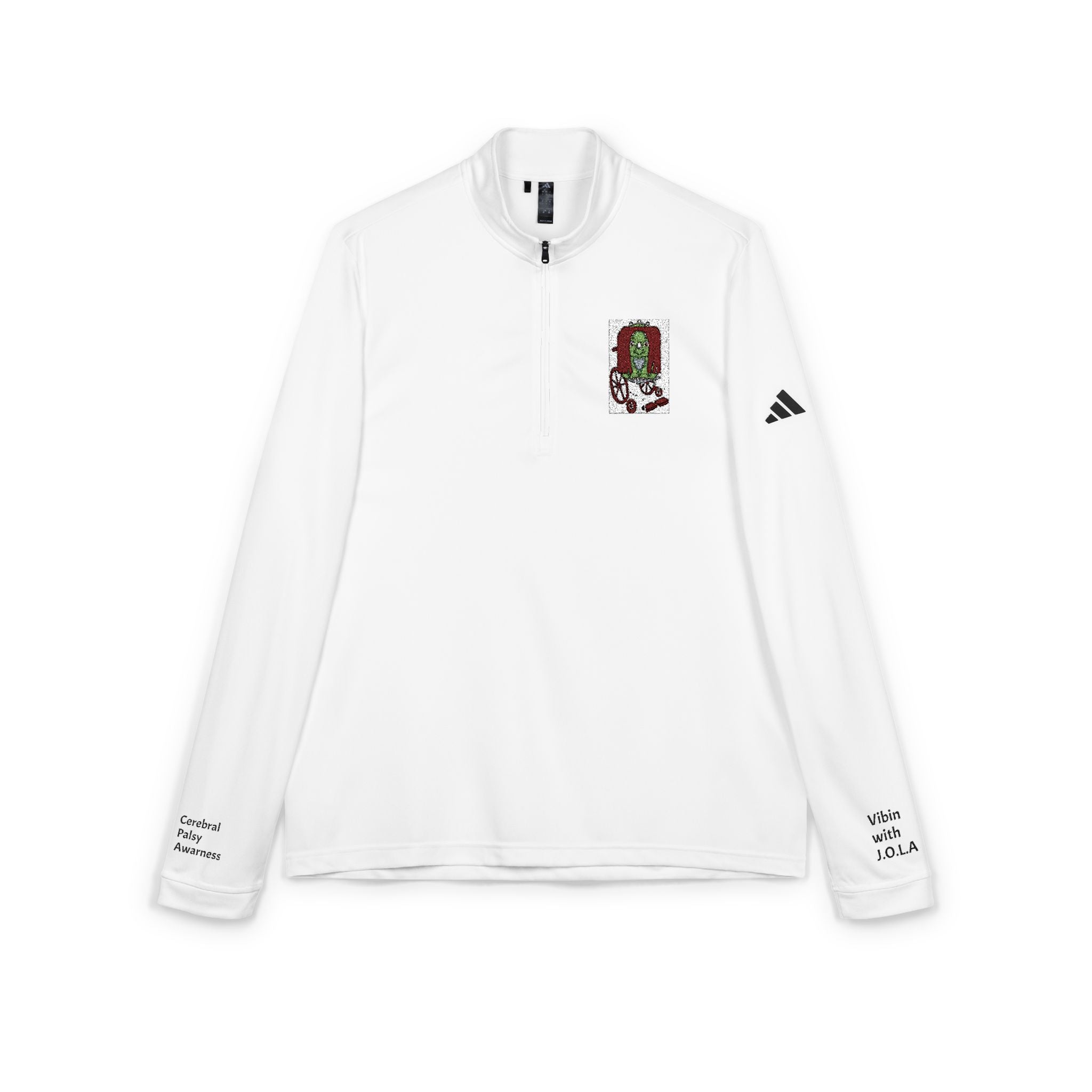 Embroidered Quarter-Zip Pullover — White Adidas® Athletic Top with Small Crest CP AWARENESS