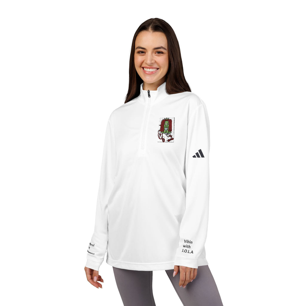Embroidered Quarter-Zip Pullover — White Adidas® Athletic Top with Small Crest CP AWARENESS